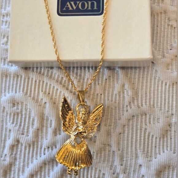AVON Vintage Collectors 14K Gold Angel Necklace/ Broach with Rhinestone NWT - Picture 1 of 6